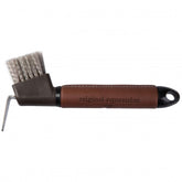 HORZE Maddox leather-handle hoof pick with comfortable grip for grooming.