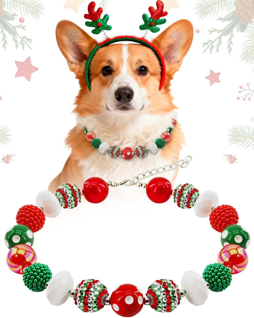 Hosiwei Christmas dog collar with red and green beads shines in festive photos for holiday memories