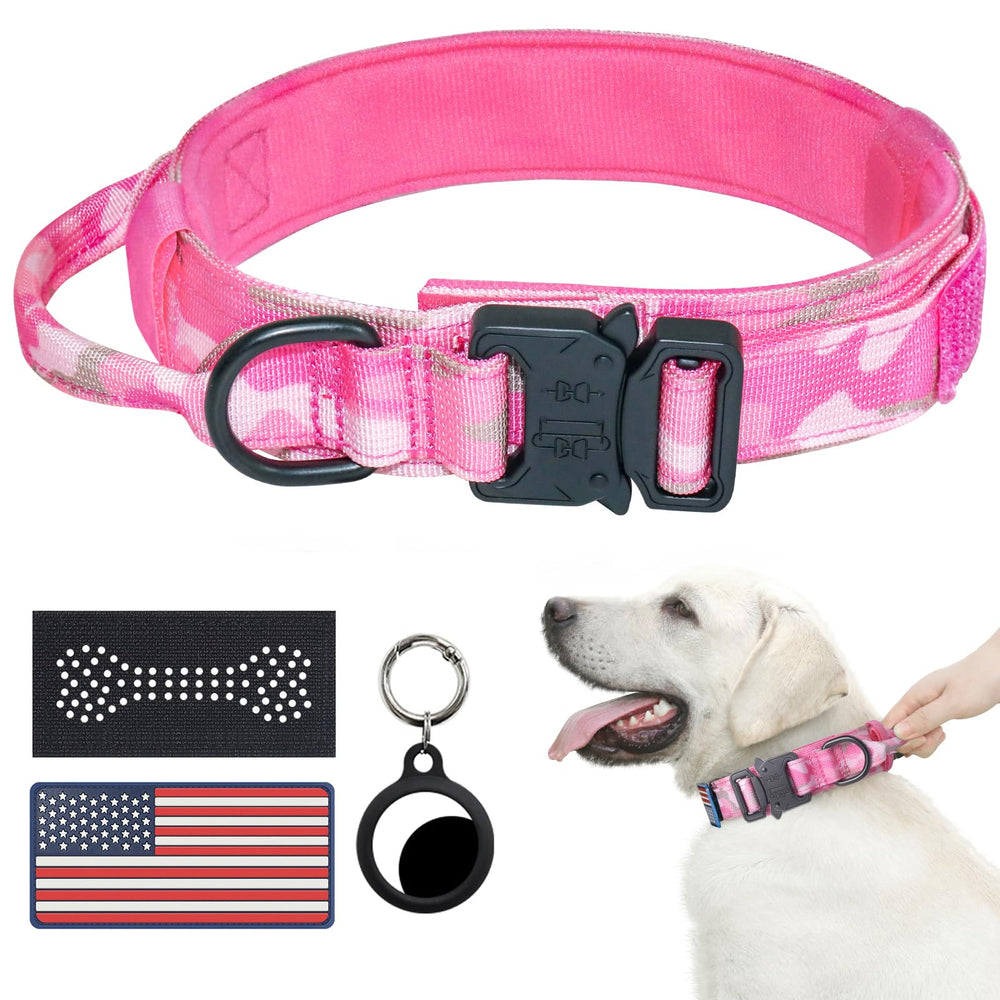 Hotsky tactical dog collar pink camo front view shows durable nylon and secure hardware for daily wear.