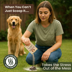 HOUNDGAMES dog poop powder being poured for quick solidification and easy pickup.