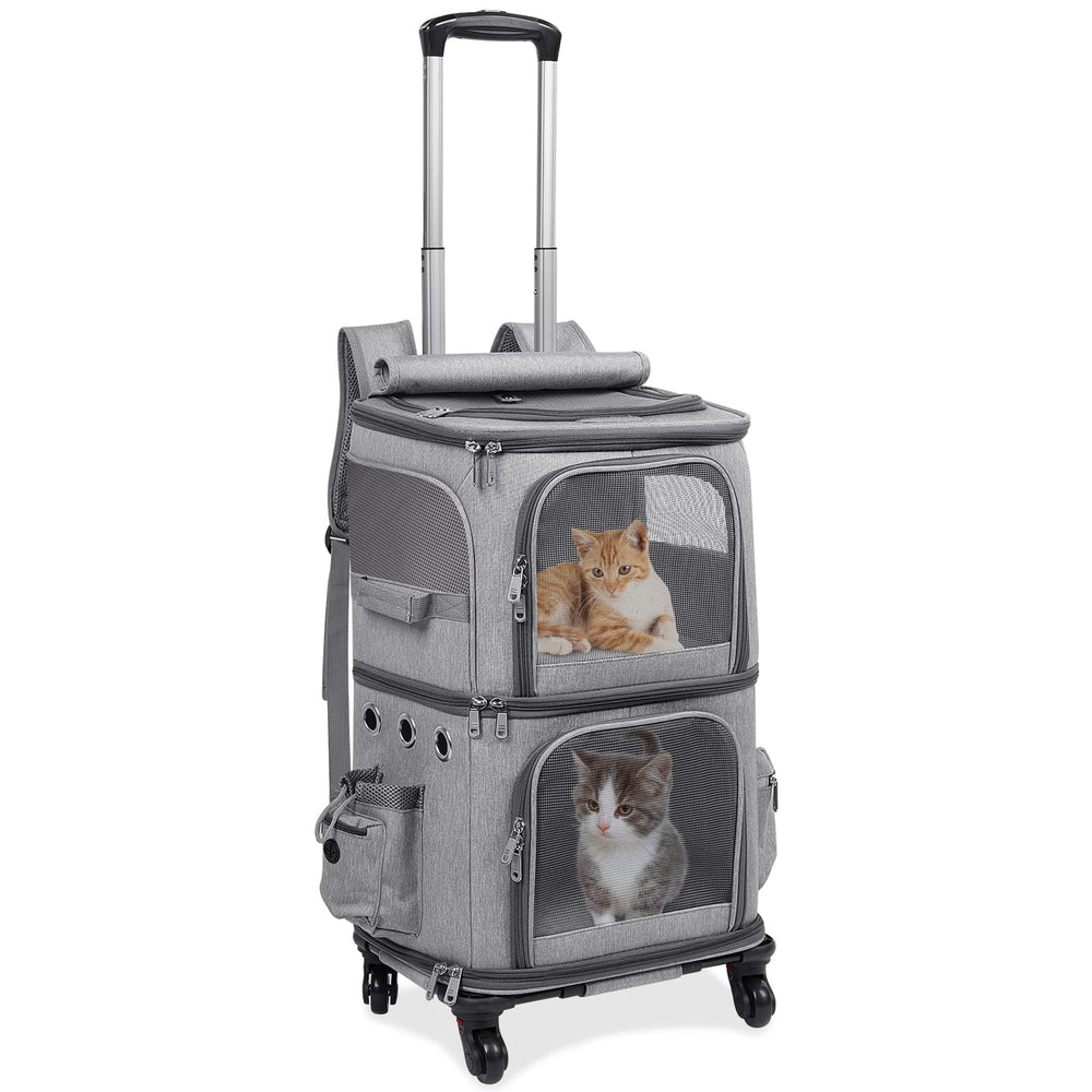 HOVONO double-compartment pet carrier backpack gray with two compartments for two small pets on trips.