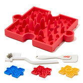 HowGo red puzzle slow feeder lick mat with 38 suction cups for mess-free meals.