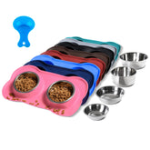 Hubulk pink no-spill dog bowls on silicone mat attractively set for tidy meals.