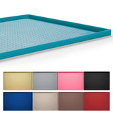 Hubulk dog feeding mat teal overview shows waterproof protection for floors