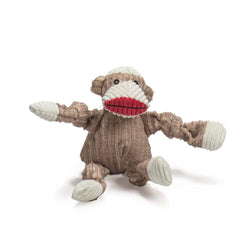 HuggleHounds Knottie Stuey Sock Monkey toy close-up showing squeaker-filled interior for endless puppy play