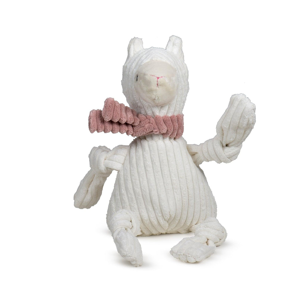 HuggleHounds Lillie Llama Knottie Plush Toy wide view for lasting fetch fun