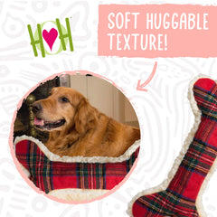 HuggleHounds Tartan Tidings plush bone seams highlight reinforced stitching for tough play.