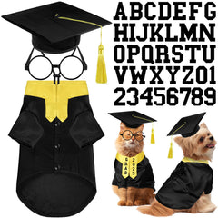Huhumy dog graduation gown with yellow stole front view for festive pet photos