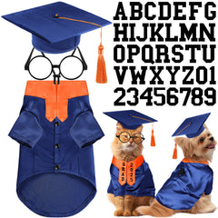 Huhumy dog graduation gown blue with orange stole for festive photos.