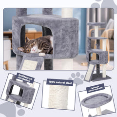 HUITREE cat tree dangling pom-poms engage kittens in active play.