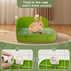 Humorous.P small animal litter box inside cage with attached hooks for secure placement.
