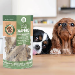 Hungry Paws Cod wafer ingredients emphasized, highlighting omega-3 richness for a healthy coat.