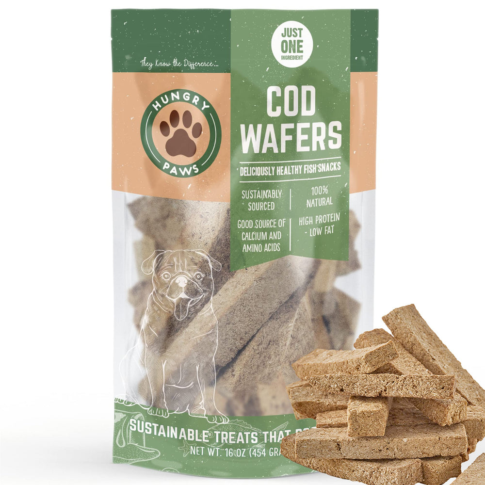Hungry Paws Cod Wafer packaging showcases single-ingredient dog treats for simple training rewards.