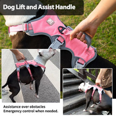 Huntboo harness padded handle enables easy lift and assist over obstacles.