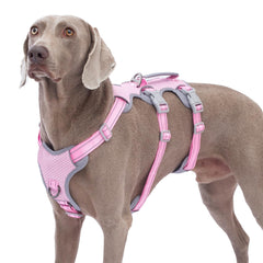 Huntboo escape-proof dog harness pink XL front view with secure lift handle.