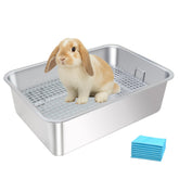 HUQIZOO stainless steel rabbit litter box side view highlights durable, rust-resistant construction.