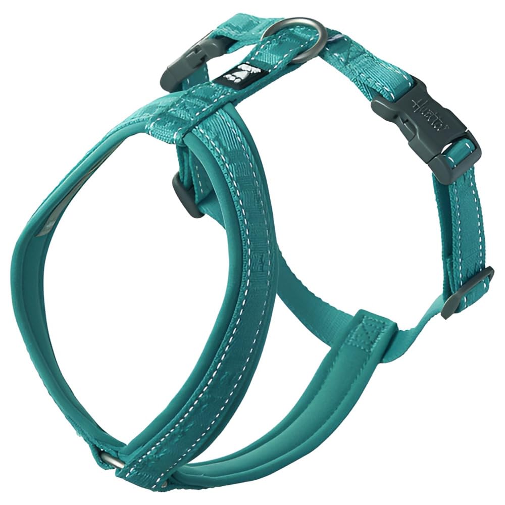 Hurtta Casual ECO Dog Y-Harness peacock front view showing adjustable fit and reflectivity for nighttime walks