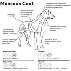 Hurtta Monsoon Coat Bilberry back with reflective piping for visibility.