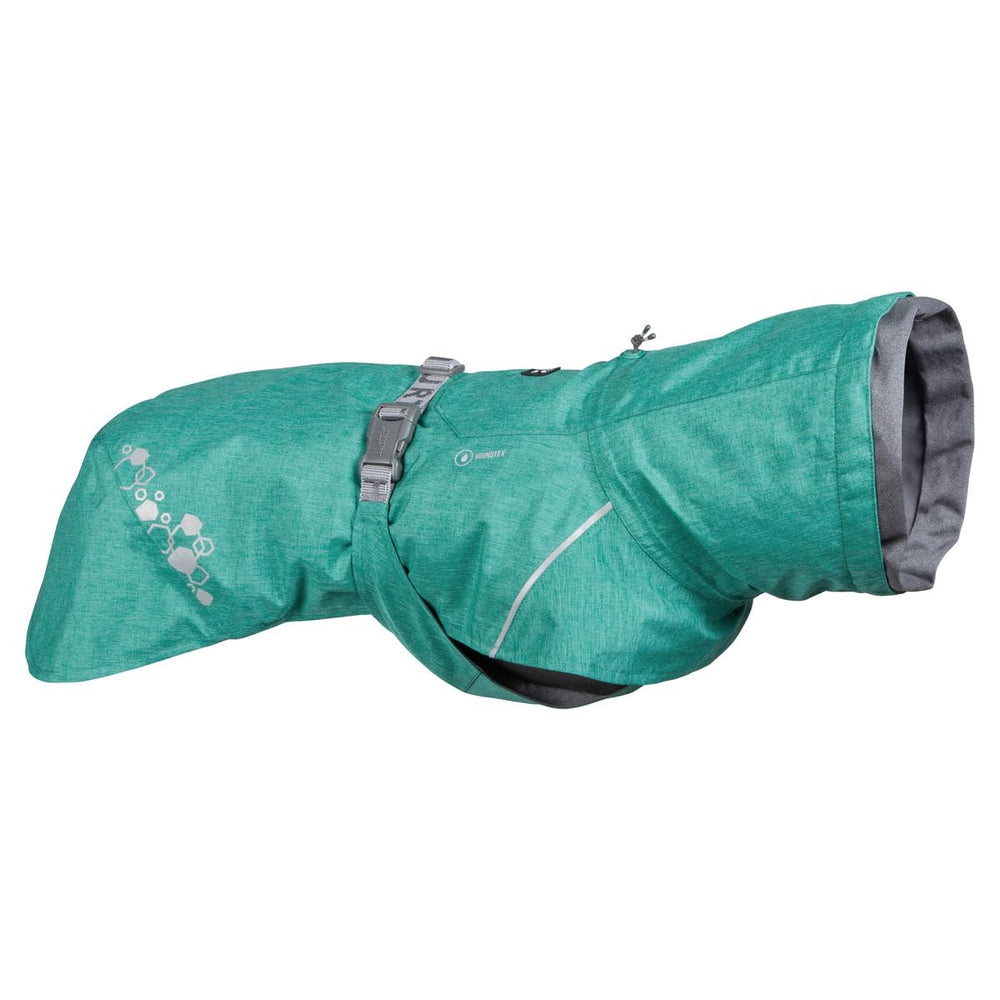 Hurtta Monsoon Coat ECO Peacock 18in front view with reflective safety and snug collar.