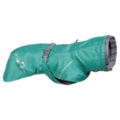 Hurtta Monsoon Coat ECO Peacock 18in front view with reflective safety and snug collar.