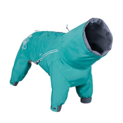 Hurtta Mudventure ECO dog overall peacock leash-harness opening keeps rain out.