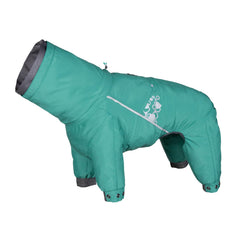 Hurtta Mudventure ECO Dog Overall Peacock side view highlights adjustable fit for snug comfort.