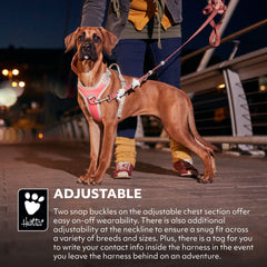 Hurtta Venture No-Pull Harness coral size guide highlighting chest girth for snug fit.
