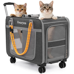 HWAEYEM extra-large cat carrier with wheels front view highlights easy multi-pet transport