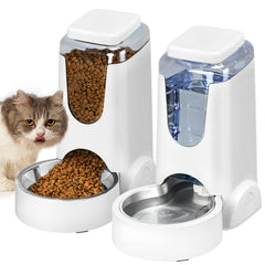 HWONMTE automatic feeder and water dispenser setup for pets with gravity feed.