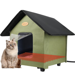 HXPLN heated cat house green front view highlights winter-ready shelter for outdoor cats