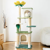 HYABI avocado flower cat tree front view highlights spacious multi-level play and cozy resting nooks for indoors.