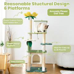 HYABI avocado flower cat tree side view shows sturdy base and stability for energetic cats.