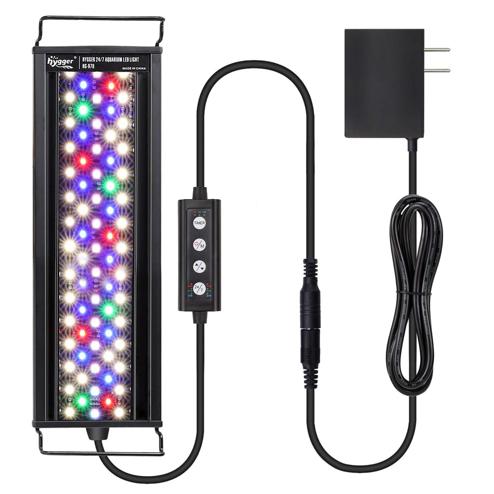 Hygger 36W aquarium LED light front view shows compact design for planted tanks