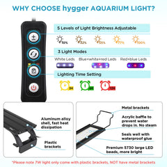 hygger 7W light with extendable brackets fits rimmed or rimless tanks for easy setup.