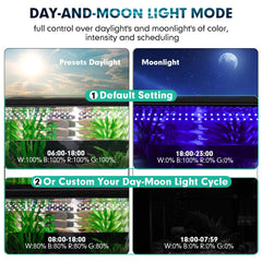 Hygger aquarium light displaying daylight and moonlight mode for a natural cycle
