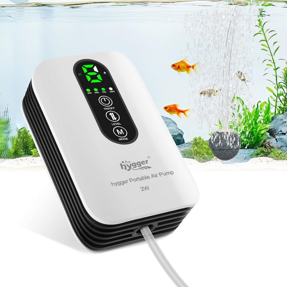 Hygger battery-powered air pump front-angle view for portable on-the-go aquarium aeration.
