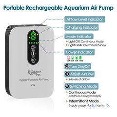 Hygger battery-powered air pump side view showing compact design for bait buckets.