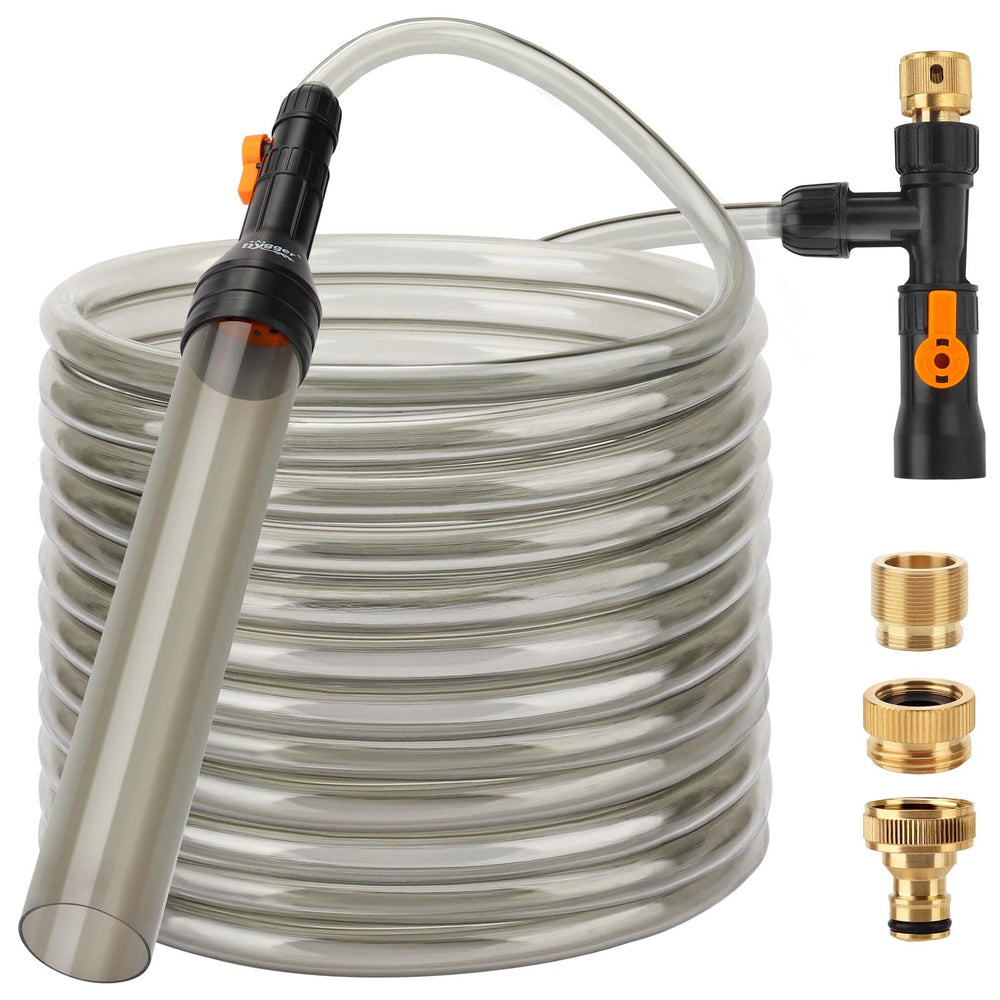 Hygger bucket-free water change kit with metal faucet connector eases aquarium maintenance.