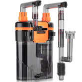 Hygger external hang-on-back filter assembly demonstrates space-saving setup for small aquariums.