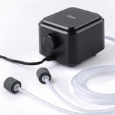 Hygger quietest aquarium air pump, front view, dual outlets for up to 120 gallons.