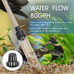 Hygger gravel vacuum showing flow clamp for adjustable water output.