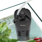 Hygger submersible aquarium filter front view shows compact corner-ready design.