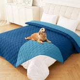 Hyha waterproof dog bed blanket in navy blue demonstrating triple protection for spills.