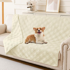 hyha waterproof dog blanket on beige sofa protects furniture from spills.