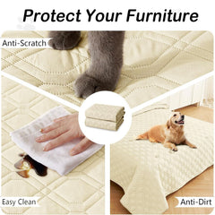 Hyha waterproof dog blanket on sofa demonstrates easy protection and quick cleanup after messes.