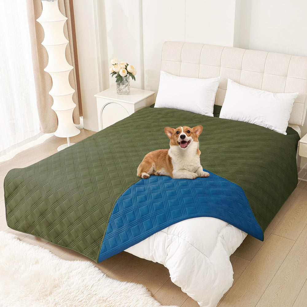 hyha waterproof dog blanket reversible green navy demonstrates versatile color options for furniture protection.