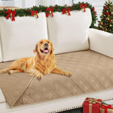 Hyha waterproof dog blanket on a sofa protecting against spills.