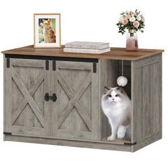 Hzuaneri cat litter box enclosure front view shows discreet farmhouse design for living spaces.