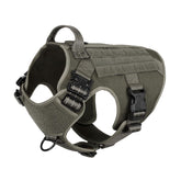 ICEFANG tactical dog harness green front view showing sturdy neck buckles for secure fit.
