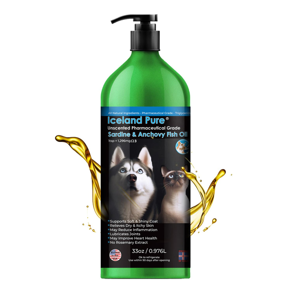 Iceland Pure Sardine Anchovy Oil bottle with pump for dogs and cats promotes a healthy coat.
